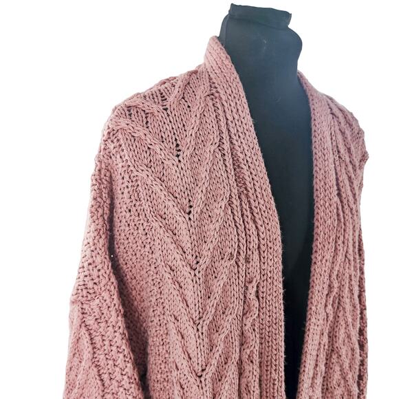 Topshop Women’s Chunky Cable Knit Long Open Front Cardigan Pink Rose Size 8 - Picture 6 of 16